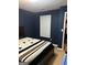 This bedroom features blue walls, carpeted floors, a window, and a walk in closet with custom shelving at 1129 River Green Ct, Mcdonough, GA 30252