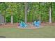 A backyard fire pit area surrounded by a ring of blue Adirondack chairs at 175 Thomas Overby Dr, Sharpsburg, GA 30277