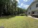 Spacious backyard with lush green grass, a table and grill on a patio, and a wooded area at 3456 Village Glen Ct, Snellville, GA 30039