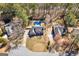Aerial view of a brick home with a private backyard oasis featuring a refreshing in-ground pool at 212 Birkhill, Peachtree City, GA 30269