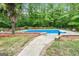 Backyard pool features a walkway and a brick border, nestled among lush greenery for privacy at 212 Birkhill, Peachtree City, GA 30269