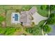 Aerial view of the house overlooking a large green backyard, pool and lounge area at 215 Sheridan Ln, Peachtree City, GA 30269