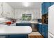 Bright kitchen with white and blue cabinets, stainless steel appliances, and ample counter space at 270 Lake Cir, Fayetteville, GA 30215