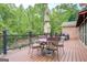 Enjoy outdoor dining on this spacious wood deck with a wooded view and metal table at 95 Weslyan Way, Oxford, GA 30054