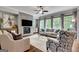 Inviting living room with a stone fireplace, large windows, and comfortable seating at 10140 Grandview Sq, Duluth, GA 30097