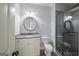 Well-lit bathroom featuring a granite vanity, white cabinetry, and a glass-enclosed shower at 2548 Kickerillo Se Way, Atlanta, GA 30316