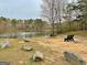 Scenic lake view with a sandy shore, large rocks, bench and distant trees, providing a serene outdoor escape at 401 Waterwood Bnd, Peachtree City, GA 30269