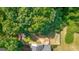 Aerial view of the home and backyard with a trampoline surrounded by lush green trees at 127 Muirwood Dr, Temple, GA 30179
