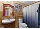 Cozy bathroom features tiled walls, wooden cabinetry, and a shower with a curtain at 425 Wendy Ct, Mcdonough, GA 30252