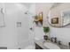 Stylish bathroom featuring white subway tile, a modern shower, and a granite vanity at 29 Indian Creek Rd, Locust Grove, GA 30248