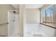 Bright bathroom features a separate tub and walk-in shower with natural light from the large window at 175 Laney Ct, Mcdonough, GA 30252