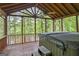 Covered back porch with a wood ceiling, open frame, and a hot tub covered by a black lid at 2770 Stonehill Way, Cumming, GA 30041