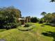 Landscaped backyard featuring a brick home with a chimney and many leafy green trees at 1753 Brenda Dr, Jonesboro, GA 30236