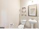 Half bathroom with white toilet and pedestal sink with mirror and wood shelves at 107 Corinth Reserve Pl, Grantville, GA 30220