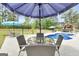Poolside seating with an umbrella and an outdoor bar create a relaxing backyard space at 3709 Royer Ln # 23, Hampton, GA 30228