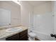 Clean bathroom with a single vanity, granite counters, and a bathtub with shower at 2381 Aukerman Trce # 81, Hampton, GA 30228