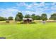 Wooden outbuilding set in a large manicured lawn with mature trees and a fence line at 290 Weldon Rd, Fayetteville, GA 30215
