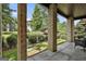 Inviting covered porch with brick pillars, stone flooring, and a view of the beautifully landscaped community at 145 Kelmscott Ln, Fayetteville, GA 30214