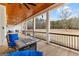 Spacious back porch area with comfortable seating, a stained ceiling, and views of the serene backyard at 203 Shelby Ln, Fayetteville, GA 30215