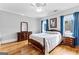 Bright bedroom with hardwood floors, blue curtains, dresser, and two windows, creating a welcoming space at 203 Shelby Ln, Fayetteville, GA 30215