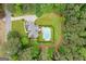 Overhead view of a backyard with a swimming pool, spacious lawn, and mature trees surrounding the property at 495 Stonehaven Dr, Fayetteville, GA 30215