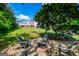 Charming fire pit with seating in a landscaped backyard, creating an inviting outdoor space with a well-manicured lawn at 1745 Stripling Chapel Rd, Carrollton, GA 30116