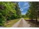 View of long, gravel driveway leading to the home, framed by lush trees under a partly cloudy sky at 1170 Peeksville Rd, Locust Grove, GA 30248