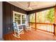 Relaxing outdoor porch featuring rocking chairs, ceiling fan, and stylish paneling details at 79 Turner Dr, Mcdonough, GA 30252