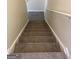 A staircase that is covered in neutral-colored carpeting and has white baseboards and handrails at 253 Whistle Way, Locust Grove, GA 30248