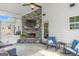 Cozy covered patio featuring a stone fireplace, TV, comfortable seating, and stylish decor at 19 Mediterranean Ave # 506, Sharpsburg, GA 30277