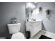 Gray bathroom with a white toilet, vanity, mirror and decorative hanging plants at 70 Lake Charles Xing, Covington, GA 30016