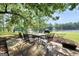 Outdoor patio features mature trees, patio furniture, and lake views at 70 Lake Charles Xing, Covington, GA 30016