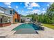 Backyard with stunning pool, stone patio, lush landscaping, and modern architectural details at 159 Sims Rd, Tyrone, GA 30290