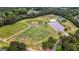 Wide aerial view of sports fields, showing a soccer field, baseball fields, tennis courts, and ample parking at 150 Rockspray Rdg, Peachtree City, GA 30269
