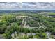 An aerial view of a residential neighborhood with mature trees in Sugar Hill, Georgia under a cloudy sky at 4985 Rolling Rock Dr., Sugar Hill, GA 30518