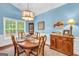 Dining room with blue walls, a chandelier, wainscoting, and a large window at 4985 Rolling Rock Dr., Sugar Hill, GA 30518