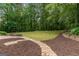 Lush backyard with a stone pathway and mature trees, creating a serene and private outdoor space at 205 N Strathmore Dr, Sharpsburg, GA 30277