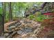 Backyard with rock water feature and landscaped garden near house with deck at 9511 High Point Rd, Villa Rica, GA 30180