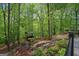 Backyard retreat with a gazebo, swing, and stone patio set amidst a lush, wooded landscape at 9511 High Point Rd, Villa Rica, GA 30180