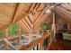 Open-concept living room featuring wood beams, railing, and multiple seating areas at 9511 High Point Rd, Villa Rica, GA 30180