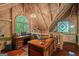 Upstairs office with wood paneling, window, stained glass decor, and built-in desk at 9511 High Point Rd, Villa Rica, GA 30180