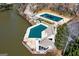 Aerial view of a lakeside community pool with covered areas and surrounding amenities at 3863 Dundee Ne Dr, Roswell, GA 30075