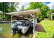 Boat dock with a boat, providing convenient lake access and a secure spot for watercraft in a tranquil setting at 1295 Heritage Dr, Villa Rica, GA 30180
