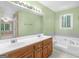 Bathroom boasting a soaking tub, light green walls, and a large double vanity with a bright mirror at 105 Birch Creek Cir, Mcdonough, GA 30253