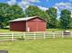 Exterior view of a large red barn with a white fence in a green, grassy field under a blue sky at 382 Knox Chapel Rd, Social Circle, GA 30025