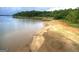 Expansive view of a tranquil lake featuring a sandy beach and lush trees at 1141 Pebble Creek Ln, Locust Grove, GA 30248