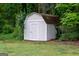 Storage shed with a wood-shingled roof, surrounded by lush greenery and a green lawn at 8039 Woods Ln, Jonesboro, GA 30236