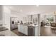 Modern kitchen with stainless steel appliances and an island opens to living areas at 346 Friendship Oak Way, Hampton, GA 30228