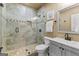 Bathroom with stylish tiled walk-in shower and updated sink with vanity at 770 Tralee Dr, Fayetteville, GA 30215