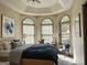 Comfortable bedroom featuring a cozy bed, a tray ceiling and large arched windows at 232 Darwish Dr, Mcdonough, GA 30252